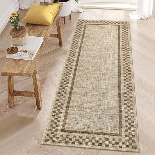 Rug Runners for Hallways 2x8 Washable Kitchen Runner Rug Non Slip Low Pile Bedside Throw Carpet Modern Bordered Bathroom Runners Checkered Area Rug for Living Room Bedroom Entryway Nursery, Taupe