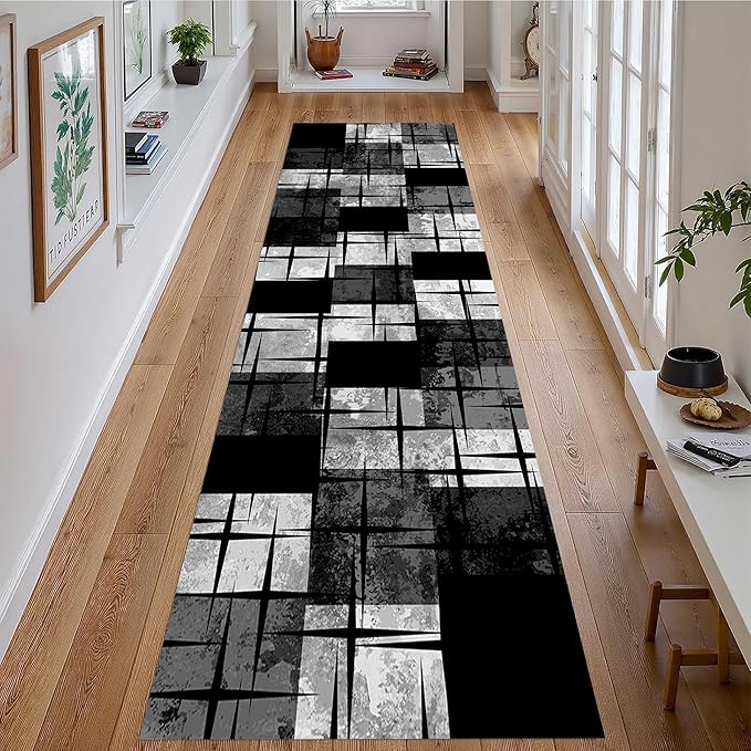 Distressed Checkered Runner Rugs, 1.3x7ft, Washable Runner Rug with Rubber Backing, Soft Vintage Geometric Black Grey Floor Carpet for Front Door Home Office