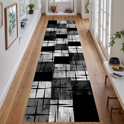 Distressed Checkered Runner Rugs, 1.3x7ft, Washable Runner Rug with Rubber Backing, Soft Vintage Geometric Black Grey Floor Carpet for Front Door Home Office