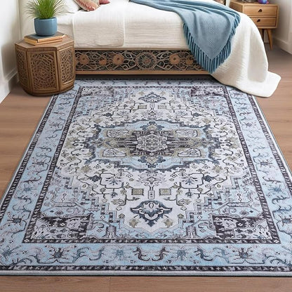 Runner Rug 2×6, Machine Washable Non-Slip Vintage Area Rug, Low Pile, Indoor Carpet Printed Floral Rugs for Living Room, Entryway, Kitchen, Bedroom,Blue