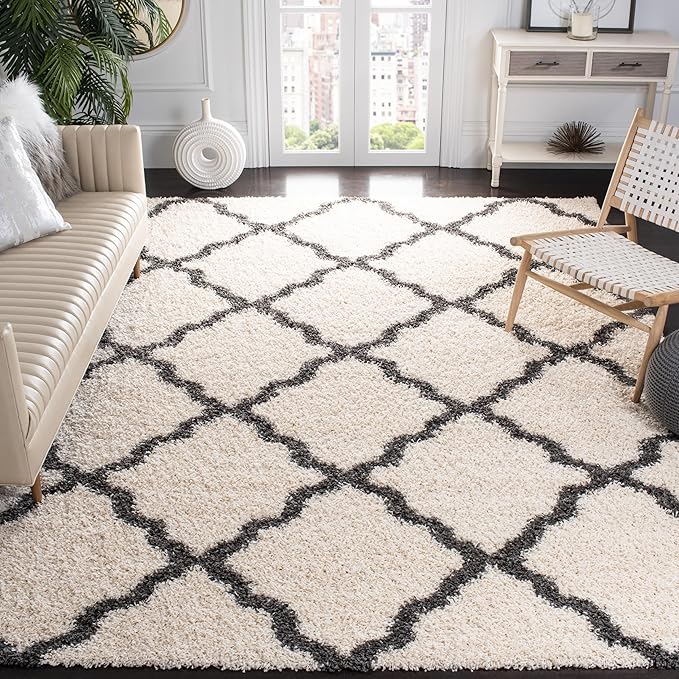 SAFAVIEH Dallas Shag Collection Area Rug - 8'6" x 12', Ivory & Dark Grey, Trellis Design, Non-Shedding & Easy Care, 1.5-inch Thick Ideal for High Traffic Areas in Living Room, Bedroom (SGD257H)