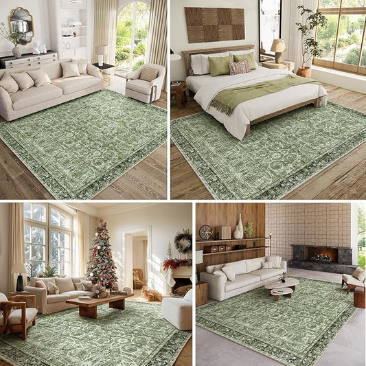 8x10 Washable Area Rugs Ultral Soft Non-Slip Stain Resistant Vintage Boho Large Carpet for High-Traffic Living Room & Dining Room