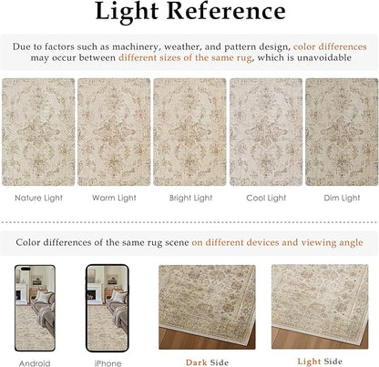 HUGEAR 5x7 Area Rug Beige Vintage Machine Washable Living Room Rugs Distressed Retro Floral Vacuumable Low Pile Carpet Bedroom Office Dining Room Laundry Room Non Slip Soft Lightweight