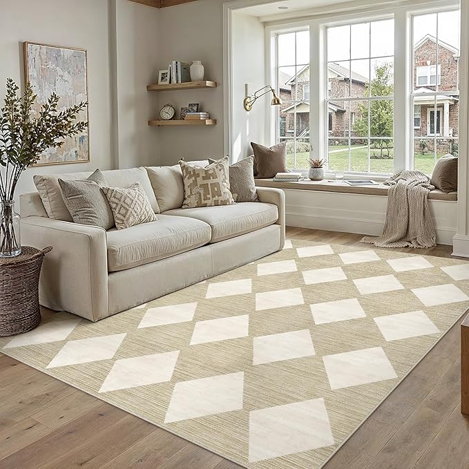 5x7 Checkered Area Rugs for Living Room Beige Machine Washable Large Rug Non-Slip Stain Resistant Low Pile Boho Accent Indoor Throw Carpet for Office Bedroom Dining Room Classroom