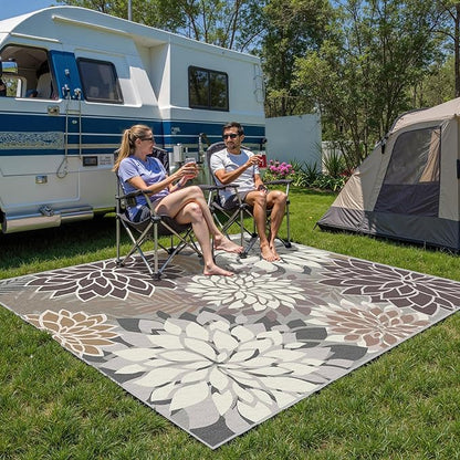 9x12 Outdoor Area Rug Washable Multicolored Patio Rug Tropical Botanical Floral Chenille Waterproof Outdoor Carpet Non-Slip for Deck, Backyard, Porch, Taupe