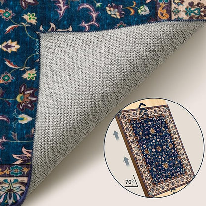 Tangsoo 5x7 Washable Rug, Floral Vintage Large Area Rugs for Living Room, Indoor Non Slip Print Floor Carpet, Soft Low Pile Machine Washable Rug for Bedroom Dining Room Dorm Home Decor Navy Blue