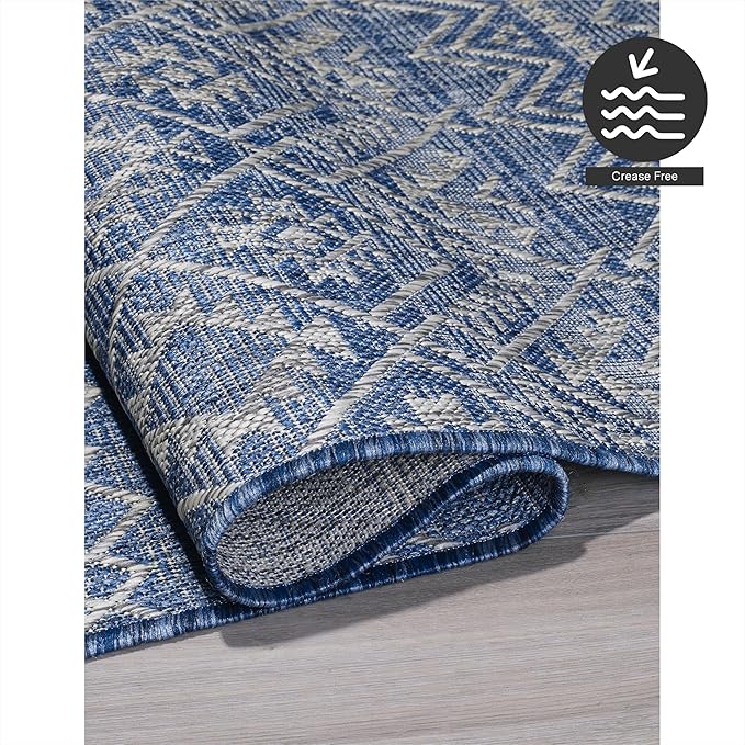 FH Home Flat Woven Outdoor Rug - Waterproof, Easy to Clean, Stain Resistant - Premium Polypropylene Yarn - Boho Moroccan - Patio, Porch, Deck, Balcony - Dakar - Blue - 5ft 2in x 7ft 6in