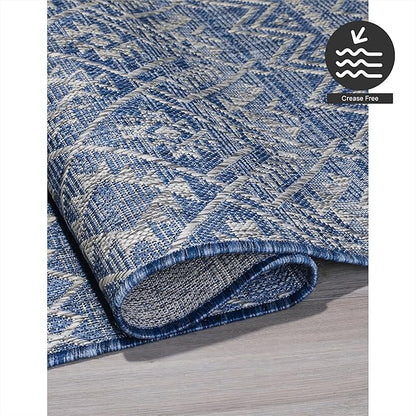 FH Home Flat Woven Outdoor Rug - Waterproof, Easy to Clean, Stain resistant - Premium Polypropylene Yarn - Boho Moroccan - Patio, Deck, Porch, Balcony, Laundry Room - Dakar - Blue - 3ft 11in x 5ft 6in