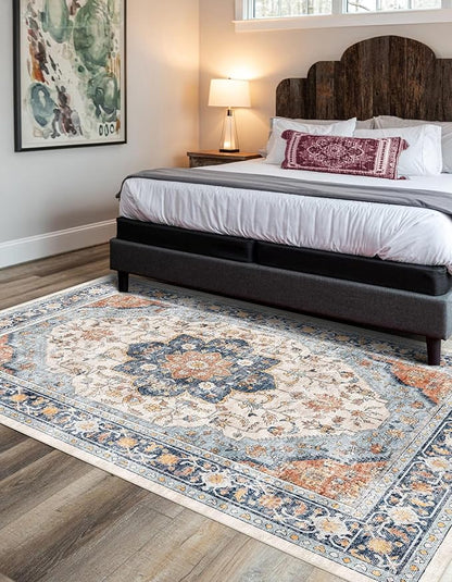 vivorug 9x12 Area Rugs for Living Room, Non Slip Machine Washable Vintage Rug, Ultra-Thin Lightweight Large Area Rug for Bedroom, Dining Room, Low Pile Rug Orange/Navy
