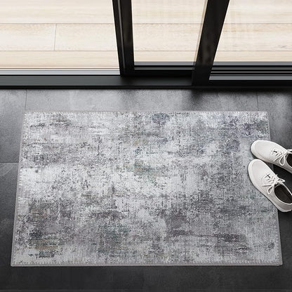 GLN Rugs Contemporary Collection - Machine Washable Area Rug, Contemporary Washable, Non Slip, Low Pile Chenille Rug, Living Room, Bedroom, Kitchen Rug (3' x 5' Grey/Green)