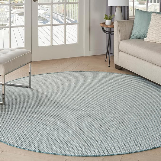 Nourison Home Courtyard Ivory Aqua 8' x Round Area Rug - Easy Clean, Non Shedding, Bed Room, Living Room, Dining Room, Kitchen (8' x Round)