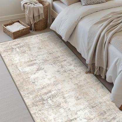 2x4 Washable Runner Rug Beige Grey Abstract Hallway Kitchen Throw Rug Neutral Modern Non Slip Soft Low Pile Carpet for Bathroom Laundry Bedroom Living Room