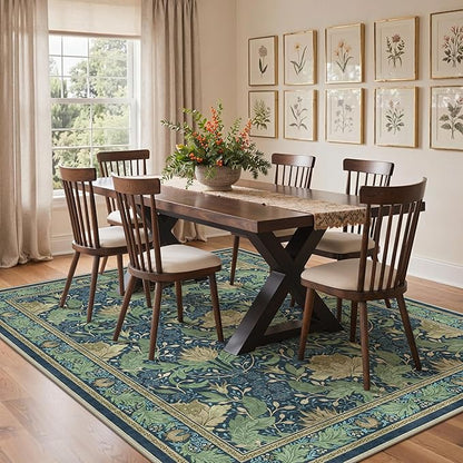 Bavni 8x10 Area Rugs, Floral Machine Washable Rugs for Living Room, Dinning Room, Bedroom, Non Slip Aesthetic Vintage Low Pile Durable Lightweight Farmhouse Rug, Tea Green/Blue