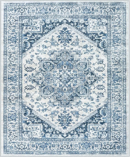 LIVEBOX Blue Washable Area Rug 8x10 - Large Vintage Tribal Living Room Rug Oriental for Bedroom, Non-Slip Retro Medallion Carpet Print Distressed for Dining Room Guest Office