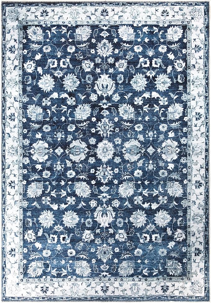 Bloom Rugs Washable Non-Slip 8' x 10' Rug - Dark Blue Traditional Bordered Area Rug for Living Room, Bedroom, Dining Room, and Kitchen - Exact Size: 8' x 10'