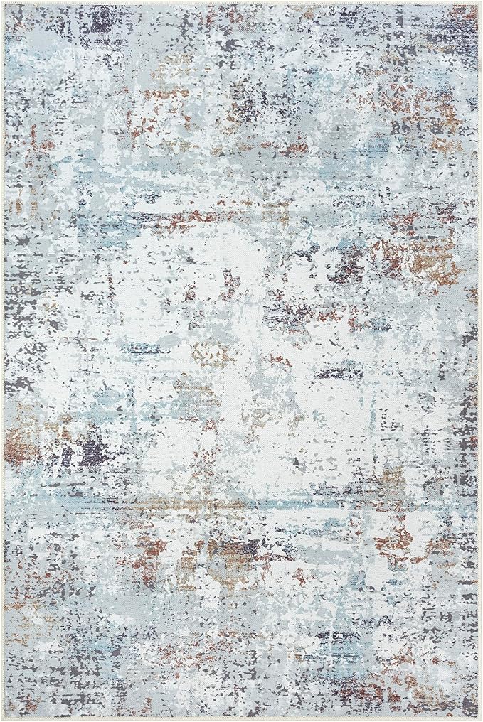 GLN Rugs Contemporary Collection - Machine Washable Area Rug, Contemporary Washable, Non Slip, Low Pile Chenille Rug, Living Room, Bedroom, Kitchen Rug (5' x 7' White/Grey/Blue/Brown)