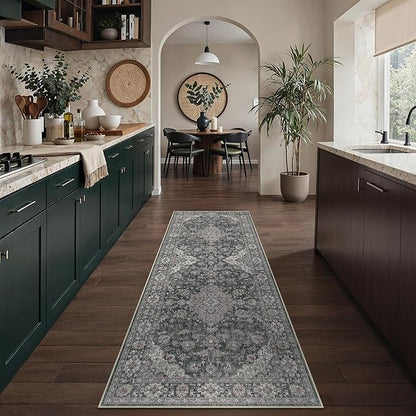 HUGEAR 2x6 Runner Rug Hallway Machine Washable Retro Black Vintage Floral Low Pile Carpet Distressed Long Throw Rug Bedroom Office Bathroom Kitchen Laundry Non Slip Soft Lightweight