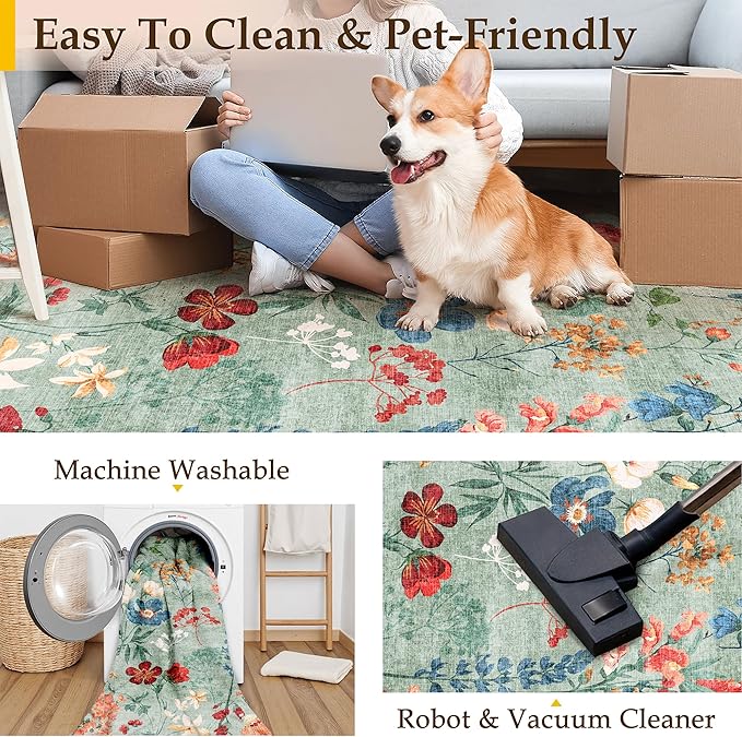 Floral Runner Rug 3x10 Washable Hallway Long Green Bedroom Carpet Non Slip Indoor Boho Kitchen Low Pile Accent Rug Lightweight Soft for Bathroom Dining Laundry Living Room