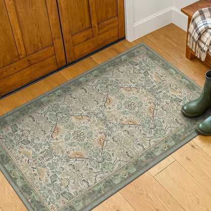 Washable Sage Green Floral Rugs for Entryway - Small 2x4 Runner Rug for Kitchen Bathroom Door Mat Indoor Entrance with Bird & Botanical Pattern, Light Green and Beige, Non Slip Low Pile