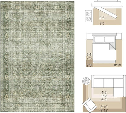 FMFUNCTEX 4x6 Washable Area Rug Green Neutral Vintage Distressed Non Slip Low Pile Traditional Entryway Indoor Carpet for Living Room Bedroom Soft Retro Mat Throw Rug for Dining Office Entrance