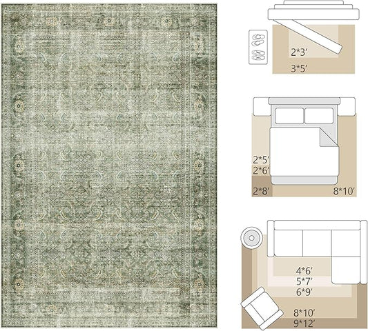 FMFUNCTEX 4x6 Washable Area Rug Green Neutral Vintage Distressed Non Slip Low Pile Traditional Entryway Indoor Carpet for Living Room Bedroom Soft Retro Mat Throw Rug for Dining Office Entrance