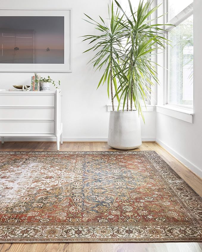 Loloi Layla Collection LAY-05 Ocean/Multi 2'-0" x 5'-0" .13" Thick Accent Rug, Soft, Durable, Vintage Inspired, Distressed, Low Pile, Non-Shedding, Easy Clean, Printed, Living Room Rug