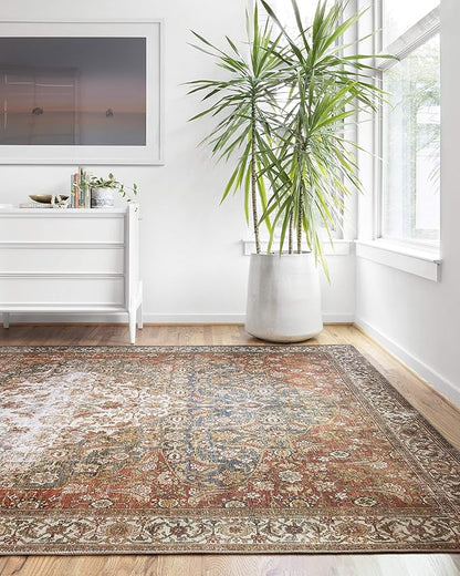 Loloi Layla Collection LAY-05 Ocean/Multi 2'-6" x 7'-6" .13" Thick Runner Rug, Soft, Durable, Vintage Inspired, Distressed, Low Pile, Non-Shedding, Easy Clean, Printed, Living Room Rug
