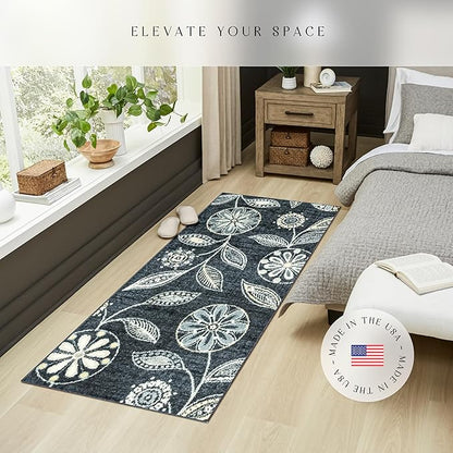 Maples Rugs Reggie Floral Runner Rug - Made in USA - Washable, Non Slip Indoor Carpet for Kitchen, Hallway, and Laundry Room, 2'6" x 6', Persian Blue