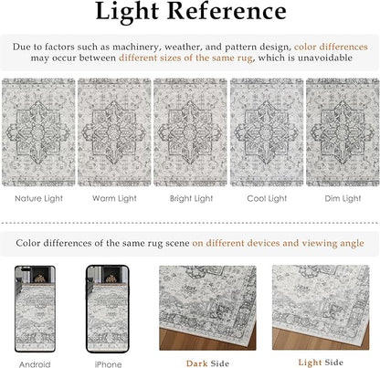 Gray 5x7 Area Rug Washable Vintage Living Room Carpet Non Slip Retro Distressed Low Pile Soft Oriental Medallion Thin Grey Throw Rug for Kitchen Bathroom Office Bedroom Dining Room