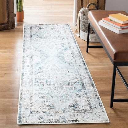Bloom Rugs Washable Non-Slip 7 ft Runner - Beige/Blue Traditional Runner for Entryway, Hallway, Bathroom, and Kitchen - Exact Size: 2.5' x 7'