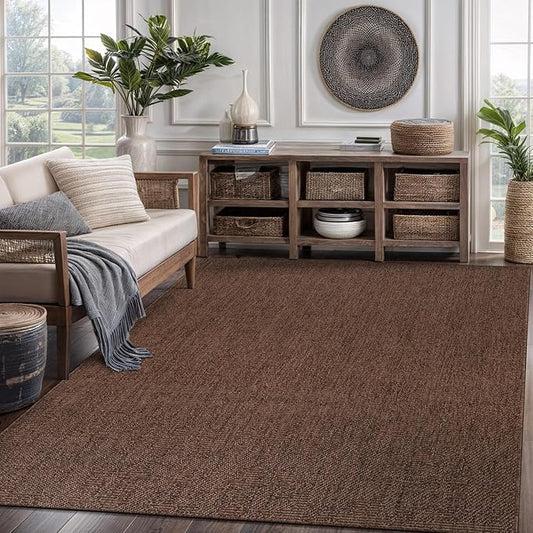 CAMILSON Easy Jute Rug 5x7, Indoor Outdoor Brown Color Fiber Area Rugs for Living Room Patio and Kitchen Rug, Solid Boho Woven Design, Easy-Cleaning, Washable Outside Carpet Alfombras (5 x 7)