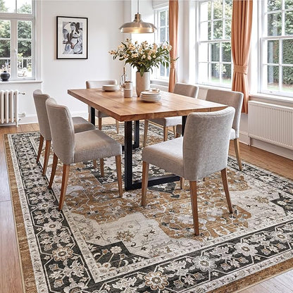 DEXI 5x8 Area Rug for Living Room, Washable Vintage Farmhouse Thin Rug Indoor Floor, Non Slip Stain Resistant Low Pile Carpet for Dining Room Bedroom Office, Brown