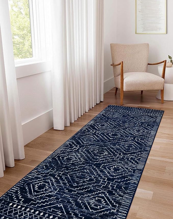 Wonnitar Moroccan Hallway Runner Rugs, 2'6"x10' Washable Non-Skid Blue Runner Rugs for Kitchen, Boho Non-Shedding Soft Long Runner Geometric Low Pile Carpet for Entryway Bathroom (Blue,2'6"x10')
