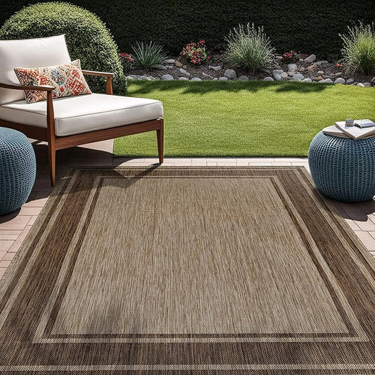 Beverly Rug Outdoor Rug 5x7 Modern Bordered Area Rugs for Indoor and Outdoor Patio Deck Porch Garden Waterproof Weather Sun Resistant Washable Outside Carpet (5 x 7 Jute)