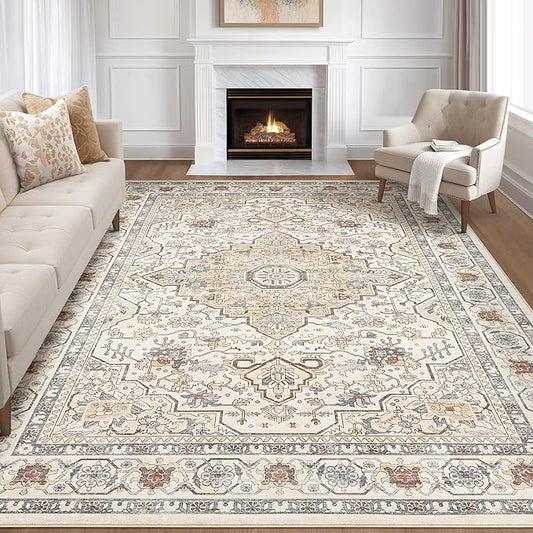 10x12 Area Rug Living Room: Washable Boho Large Neutral Vintage Soft Rugs Stain Resistant Farmhouse Non Slip Indoor Floor Carpet for Bedroom Nursery Kids Playroom Office Dining Room- Cream Blue