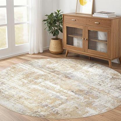 Round Rug Living Room Rugs: 4x4 Washable Circle Abstract Modern Soft Stain Resistant Non-Slip Indoor Floor Carpet for Bedroom Entryway Nursery Office Dorm Home House Decor- Gray Gold