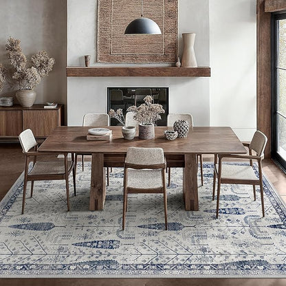 Bavni Rugs for Living Room, Floral Non Slip Machine Washable Rug, Neutral Low Pile Lightweight Rug for Dining Room Bedroom, Thin Durable Farmhouse Vintage Tree Blue 6x9 Rugs
