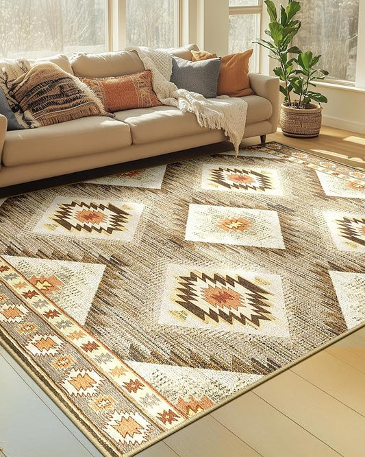 Area Rug 6x8 Rug Machine Washable Non-Slip Low Pile Print Pattern Western Rug for Living Room Bedroom Entryway Tribal Series-Cream/Camel
