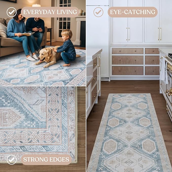 Washable Area Rug. Modern Farmhouse. Vintage. Turkish. Bohemian. Distressed. Oriental. Traditional. Rugs for Living Room. Dining. Bedroom. Office. Entryway. Foyer. (852CB, 2'5" x 6'5")
