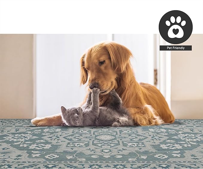 FH Home Flat Woven Outdoor Rug - Waterproof, Easy to Clean, Stain Resistant - Premium Polypropylene Yarn - Vintage - Patio, Deck, Porch, Balcony, Laundry - Shiraz - Ocean - 3ft 11 in x 5ft 6in