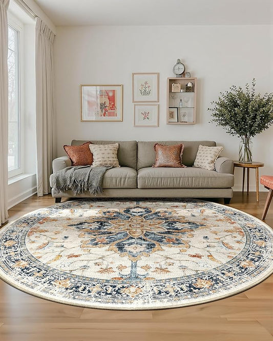 Area Rugs 7ft Washable Non-Slip, Floral Vintage Distress Print Pattern Medallion Carpet for Living Room Bedroom Dining Room, Beige Navy Blue Orange Colorful