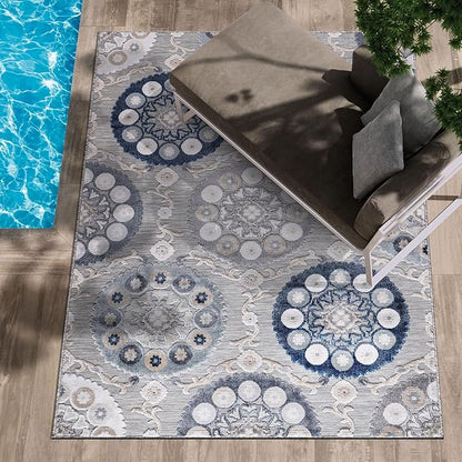 CAMILSON Indoor Outdoor Rug 6x9 Bohemian Medallion Floral Area Rugs for Indoor and Outdoor Patios Easy-Cleaning Non-Shedding Living Room Garden and Kitchen Washable Outside Carpet (6 x 9 / Blue)