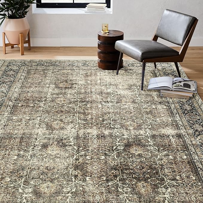 Vintage Area Rug 3x4 Brown Entryway Office Washable Carpet Non Slip Bedroom Indoor Living Room Door Mat Low Pile Traditional Distressed Retro Accent Rug for Dining Room Bathroom Kitchen