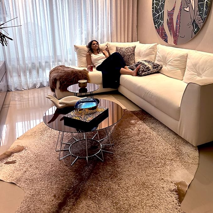 Genuine Cowhide Rug - Natural Leather Hide Rugs for Living Room & Area Rug for Bedroom - Real Cowhides Rug for Rustic Home Decor - Brown Speckled Cowhide Rugs Collection, 6x7-8ft