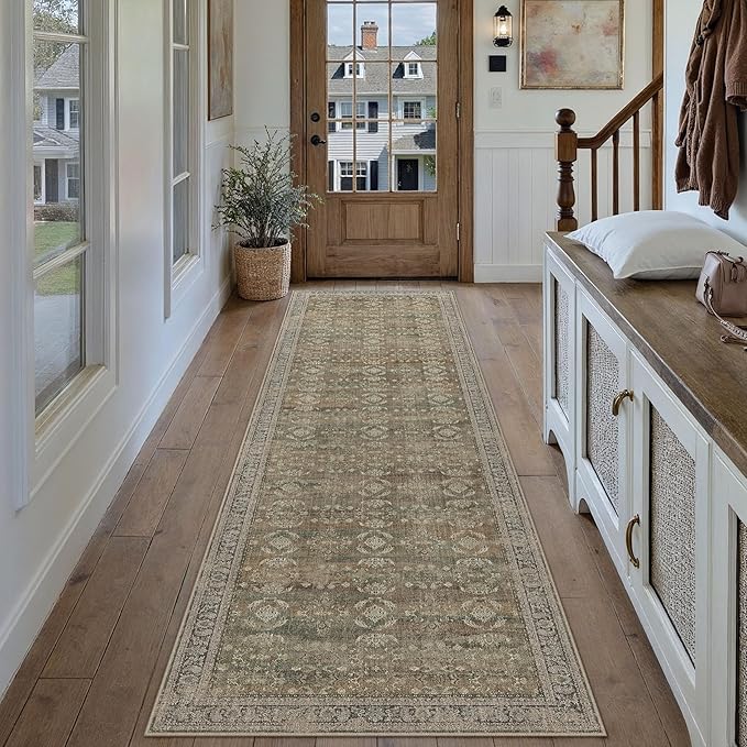 2x8 Brown Area Rug Runners for Hallways Washable Vintage Distressed Carpet Low Pile Non Slip Indoor Retro Soft Long Accent Rug Bedroom Kitchen Bathroom Laundry Dining Living Room