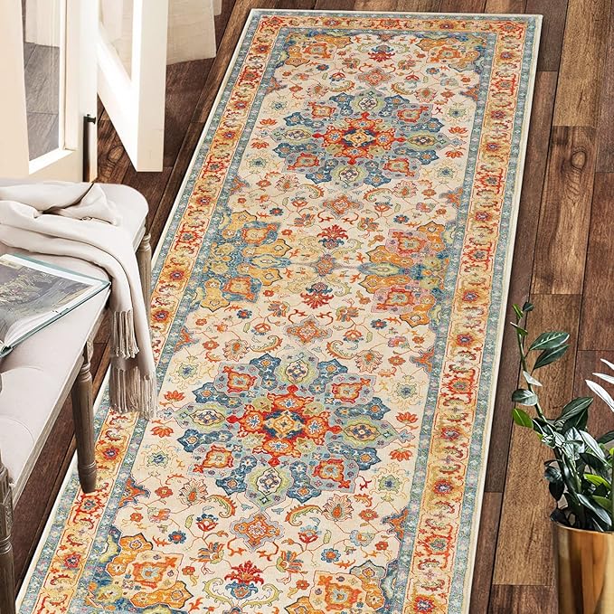 COMSLE Boho Runner Rug, 2' x 8' Washable Rugs for Hallway Faux Wool Small Kitchen Area Rug Distressed Throw Rug Non-Slip Laundry Room Rug Carpet Runner for Entryway Indoor Bedroom