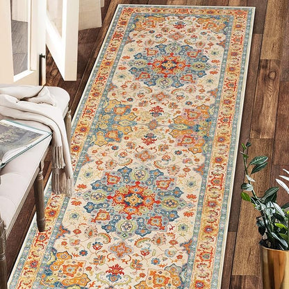 COMSLE Boho Runner Rug, 2' x 8' Washable Rugs for Hallway Faux Wool Small Kitchen Area Rug Distressed Throw Rug Non-Slip Laundry Room Rug Carpet Runner for Entryway Indoor Bedroom