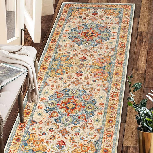 COMSLE Boho Runner Rug, 2' x 8' Washable Rugs for Hallway Faux Wool Small Kitchen Area Rug Distressed Throw Rug Non-Slip Laundry Room Rug Carpet Runner for Entryway Indoor Bedroom
