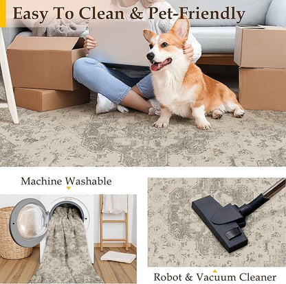 5x7 Washable Area Rug Beige Grey Vintage Distressed Rug for Office Oriental Soft Thin Indoor Retro Gray Carpet Non Slip Low Pile Floor Cover for Living Ding Room Bedroom Laundry Dorm