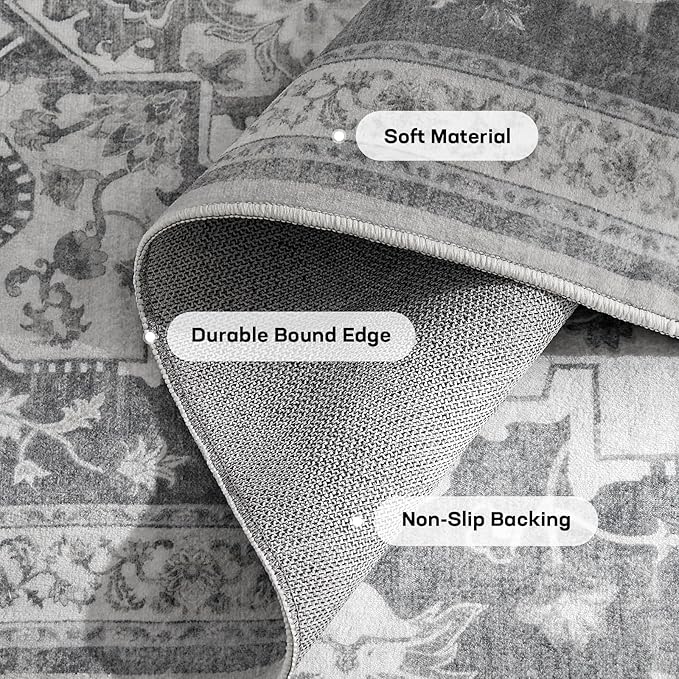 Marsail 6x9 Machine Washable Area Rug, Soft & Slip-Resistant Large Area Rug with Reinforced Bound Edges, Vintage Short-Pile Washable Rug with Floral Pattern for Living Room, Dinning Room and Bedroom